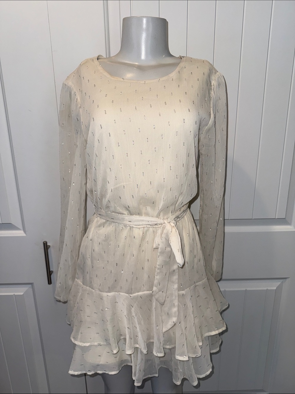 City Studio Cream Long-Sleeve Tiered Ruffle Dress with Waist Tie